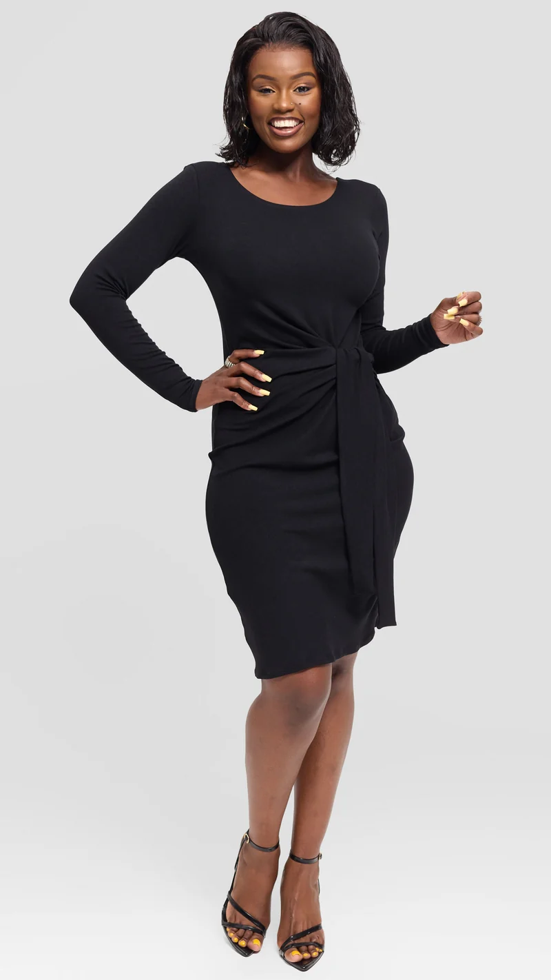 Vivo Side Tie Knee Length Dress in Jersey - Black