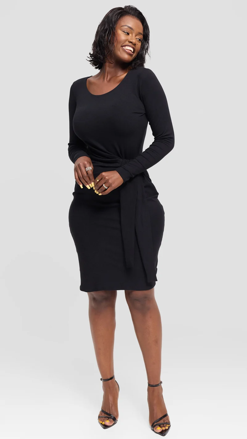 Vivo Side Tie Knee Length Dress in Jersey - Black
