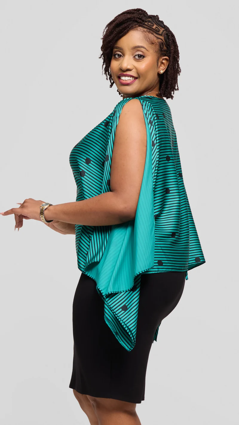 Vivo Wide Top in Satin - Sea Green / Black Polstripes