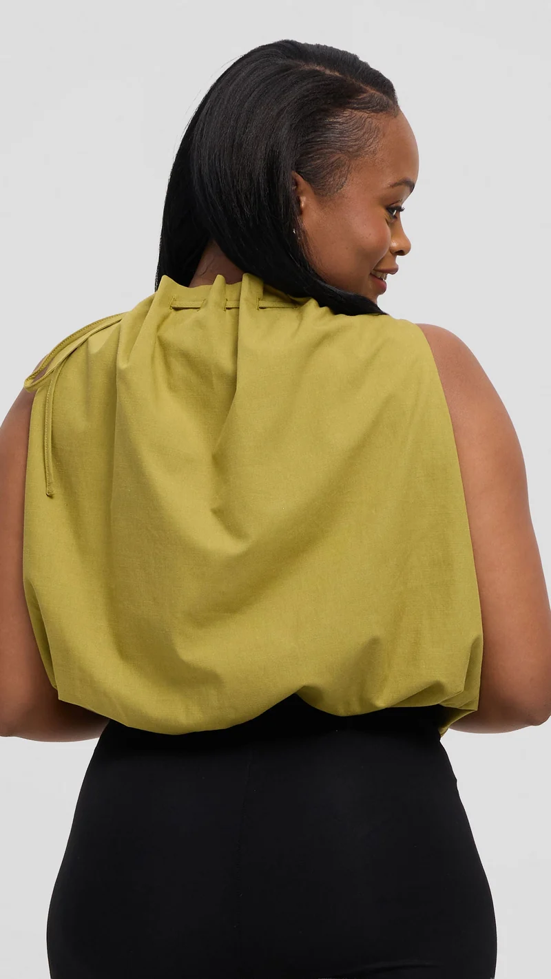 Safari by Vivo Drawstring Neck Top in Linen Blend - Olive Green