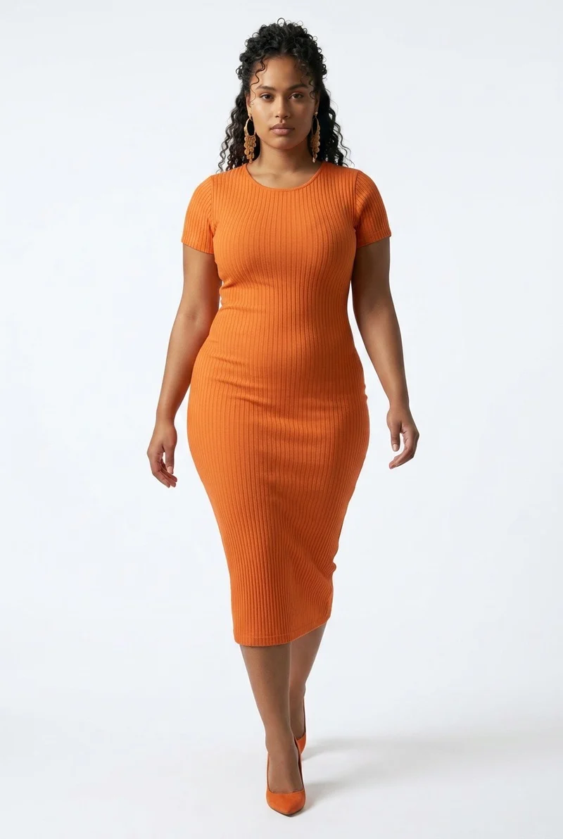 Stylish Sisters Short Sleeve Ribbed Knit Bodycon Midi Dress - Orange