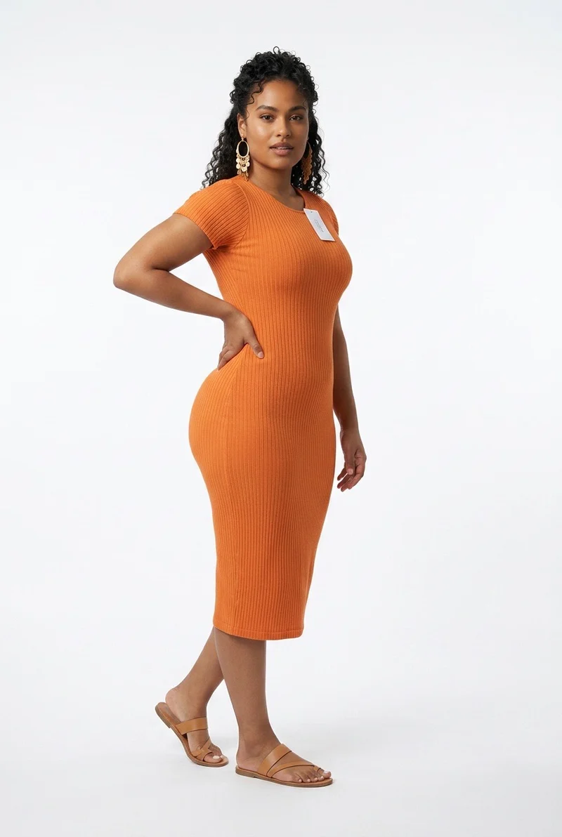 Stylish Sisters Short Sleeve Ribbed Knit Bodycon Midi Dress - Orange
