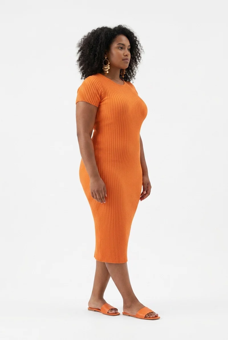 Stylish Sisters Short Sleeve Ribbed Knit Bodycon Midi Dress - Orange