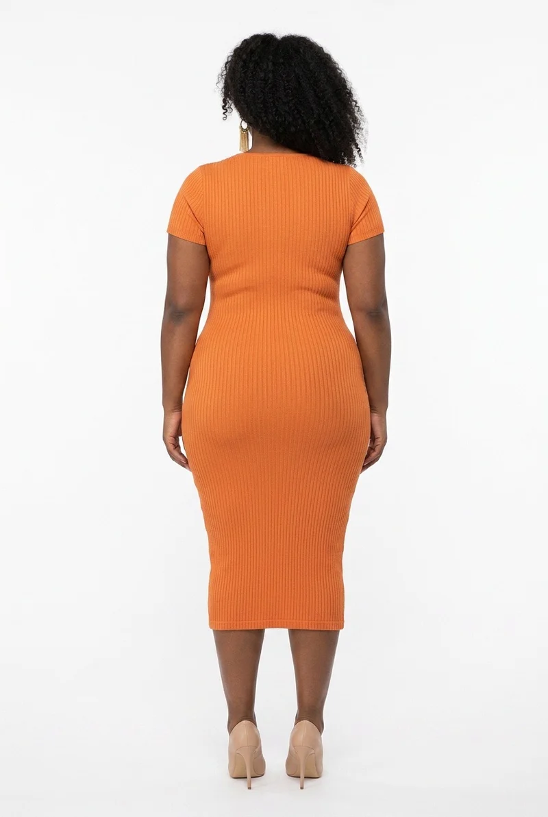 Stylish Sisters Short Sleeve Ribbed Knit Bodycon Midi Dress - Orange