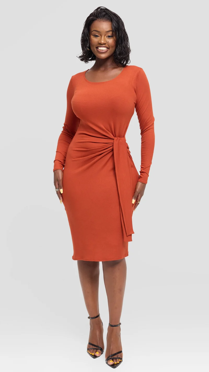 Vivo Side Tie Knee Length Dress in Jersey - Rust