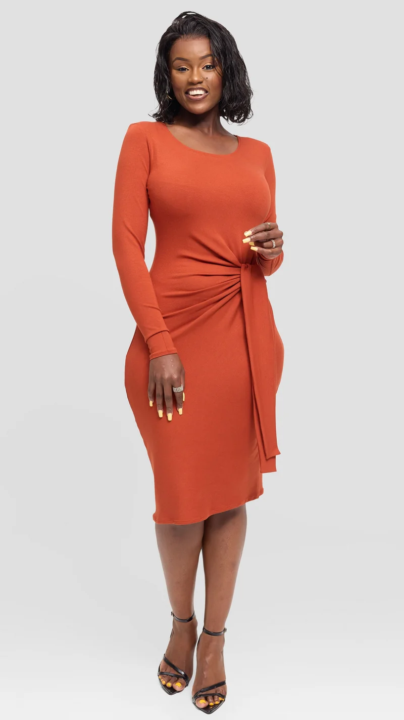 Vivo Side Tie Knee Length Dress in Jersey - Rust