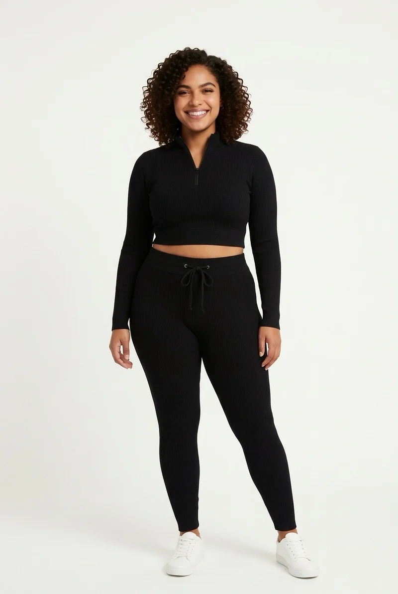 Stylish Sisters Ribbed Activewear Set - Black