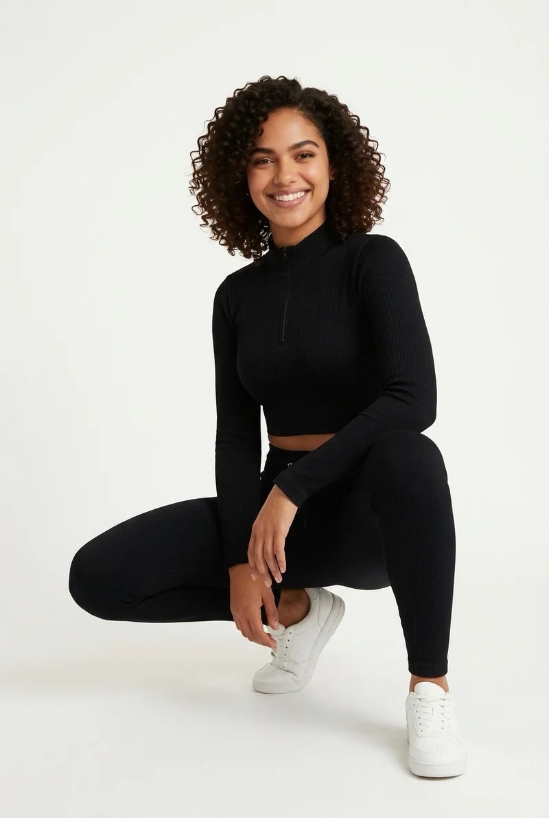 Stylish Sisters Ribbed Activewear Set - Black