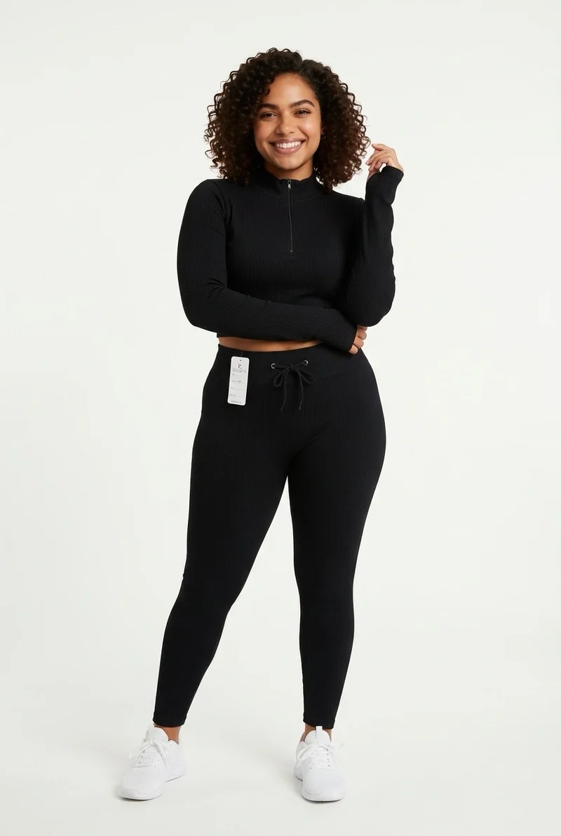 Stylish Sisters Ribbed Activewear Set - Black