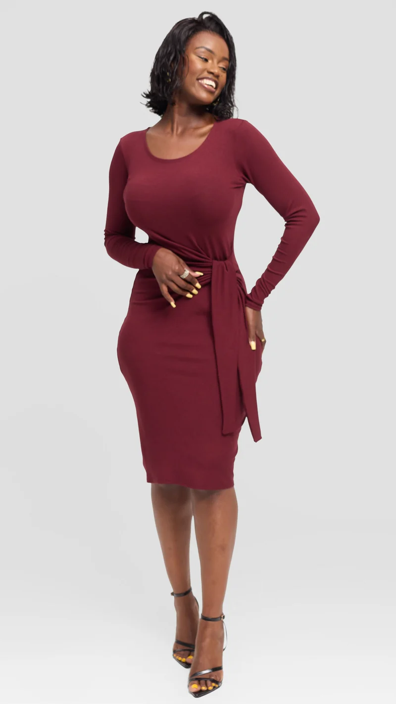 Vivo Side Tie Knee Length Dress in Jersey - Maroon