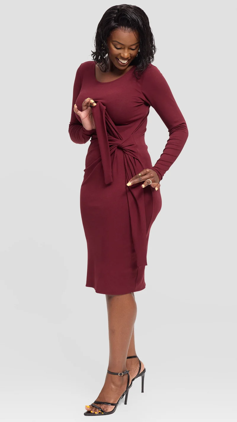 Vivo Side Tie Knee Length Dress in Jersey - Maroon