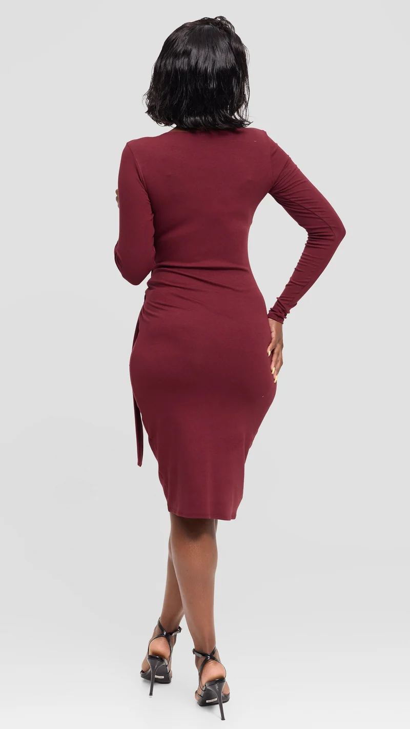 Vivo Side Tie Knee Length Dress in Jersey - Maroon