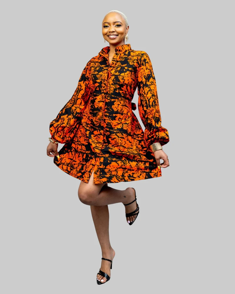 African Yuva Zahara Dress - Orange Print