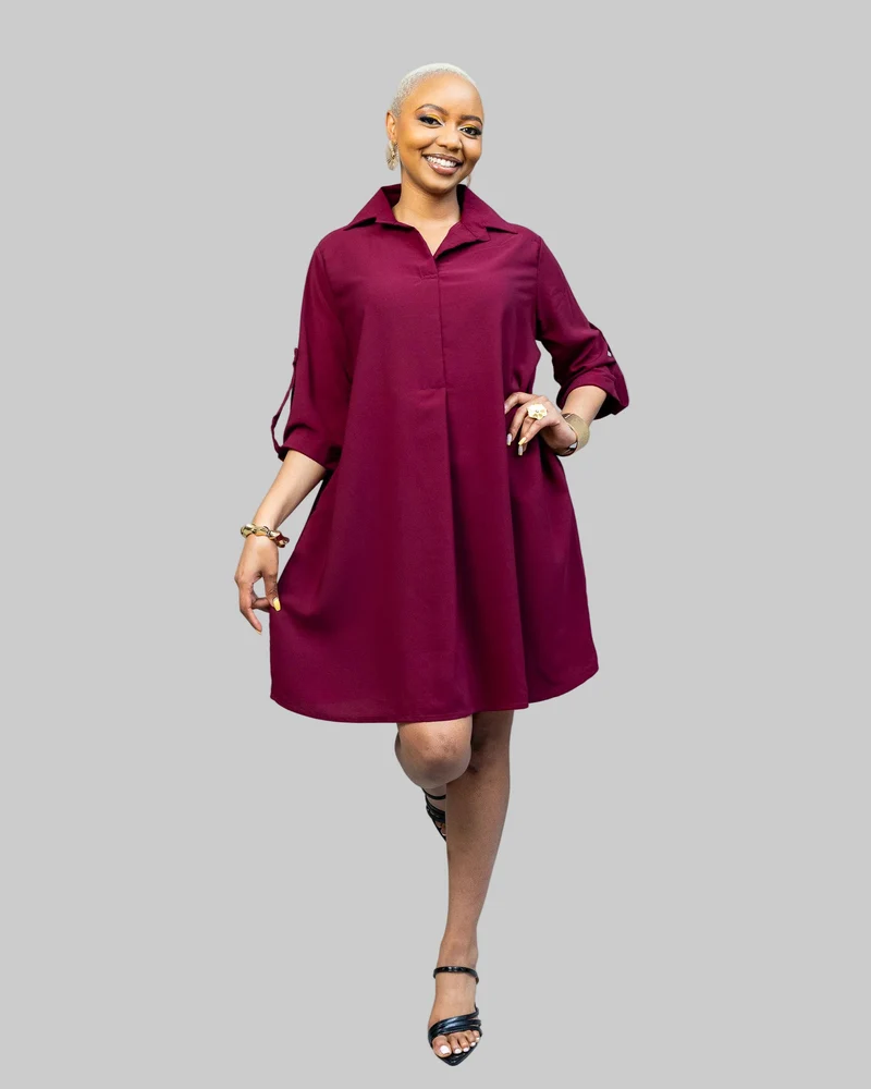 African Yuva Pearl Shift Dress - Burgundy