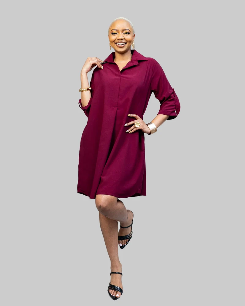 African Yuva Pearl Shift Dress - Burgundy