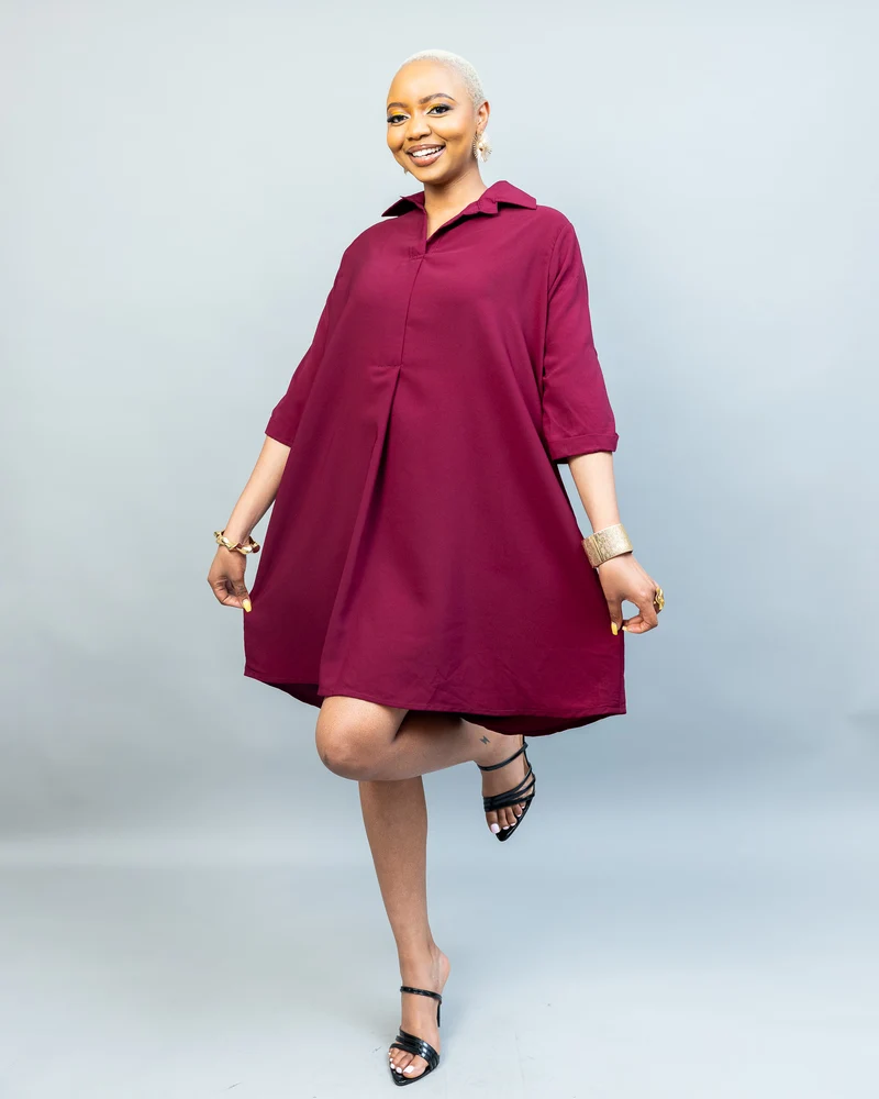 African Yuva Pearl Shift Dress - Burgundy