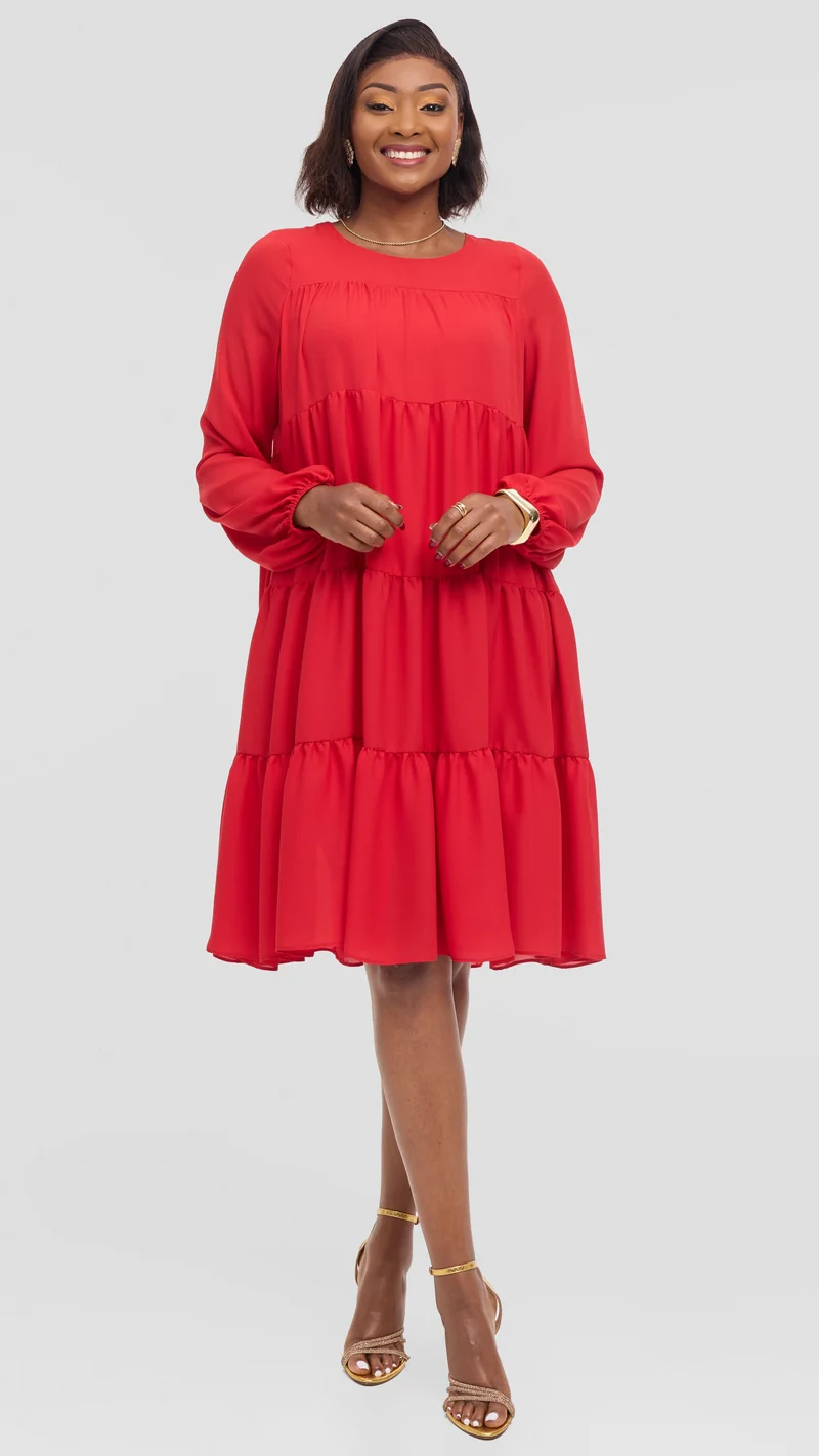 Vivo Tiered Knee Length Dress in Chiffon - Red