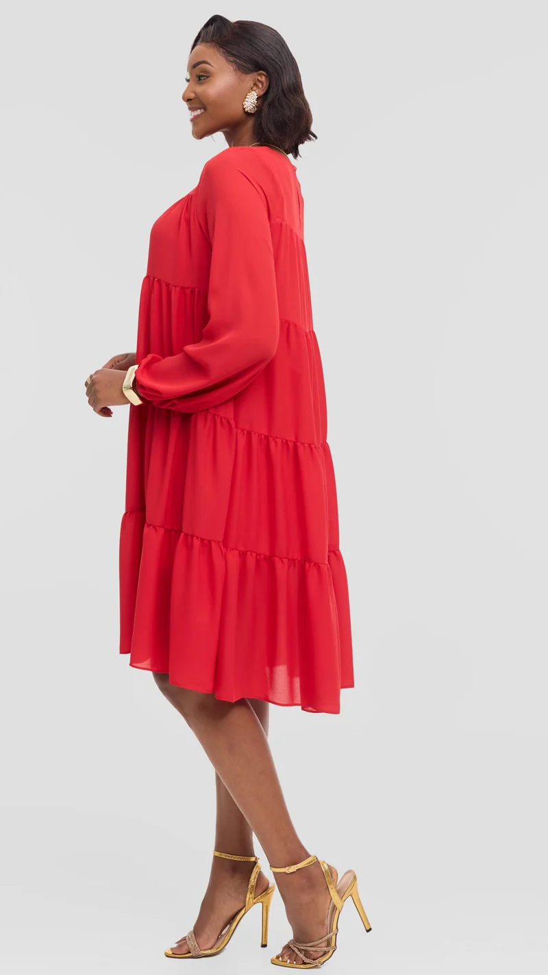 Vivo Tiered Knee Length Dress in Chiffon - Red