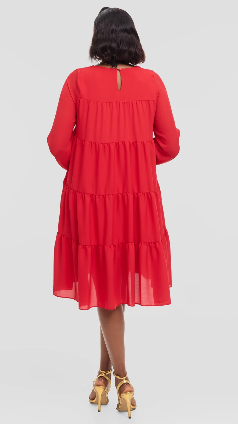 Vivo Tiered Knee Length Dress in Chiffon - Red