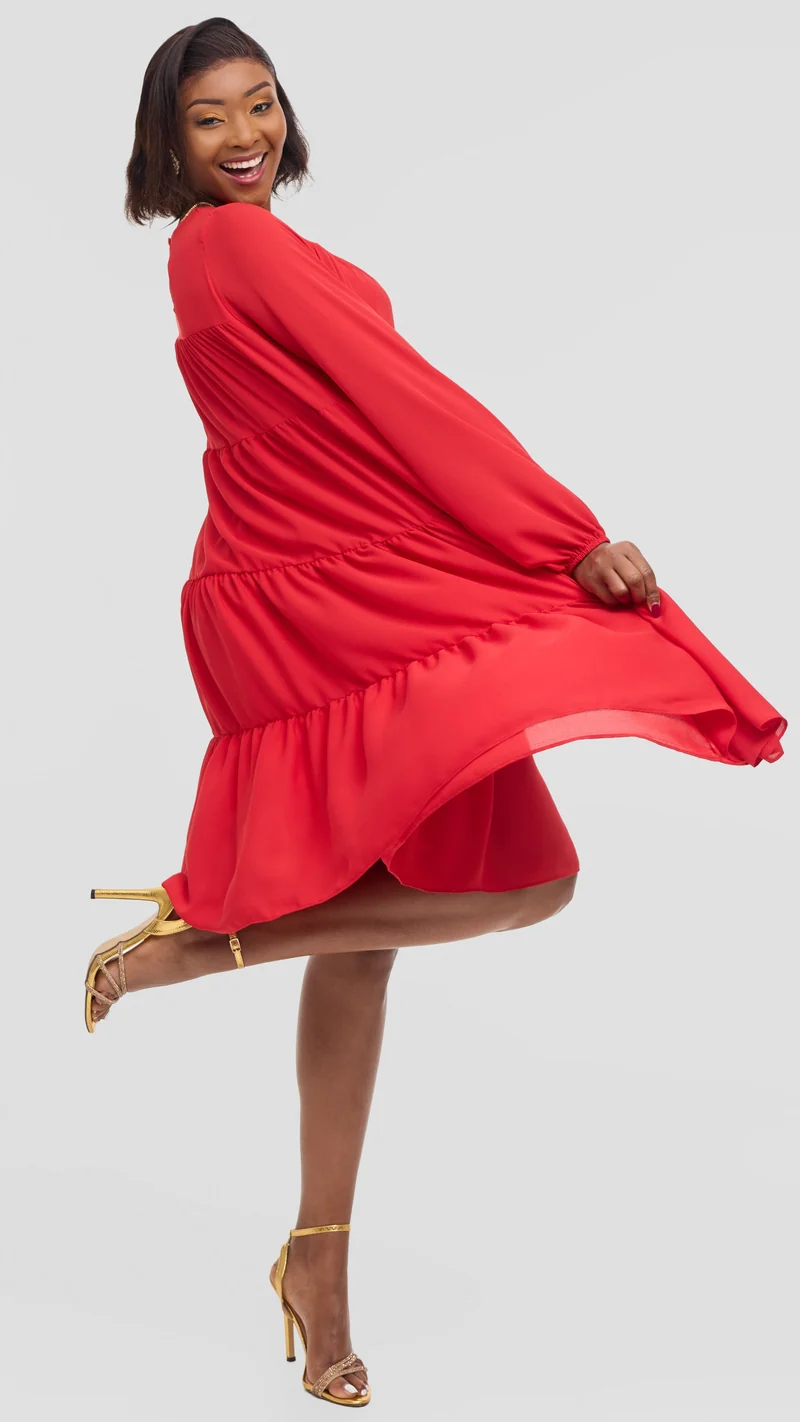 Vivo Tiered Knee Length Dress in Chiffon - Red