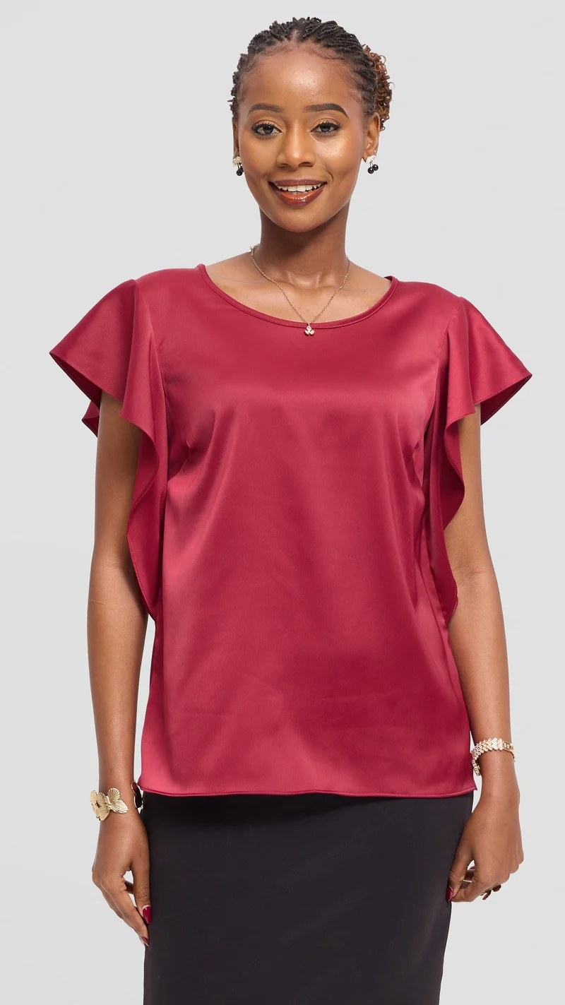 Vivo Ruffle Sleeve Top in Satin - Maroon