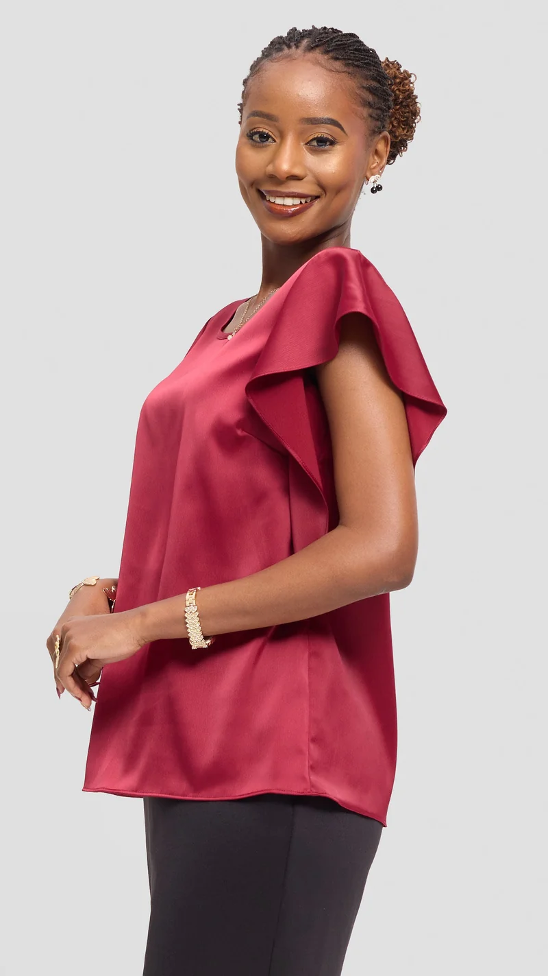Vivo Ruffle Sleeve Top in Satin - Maroon
