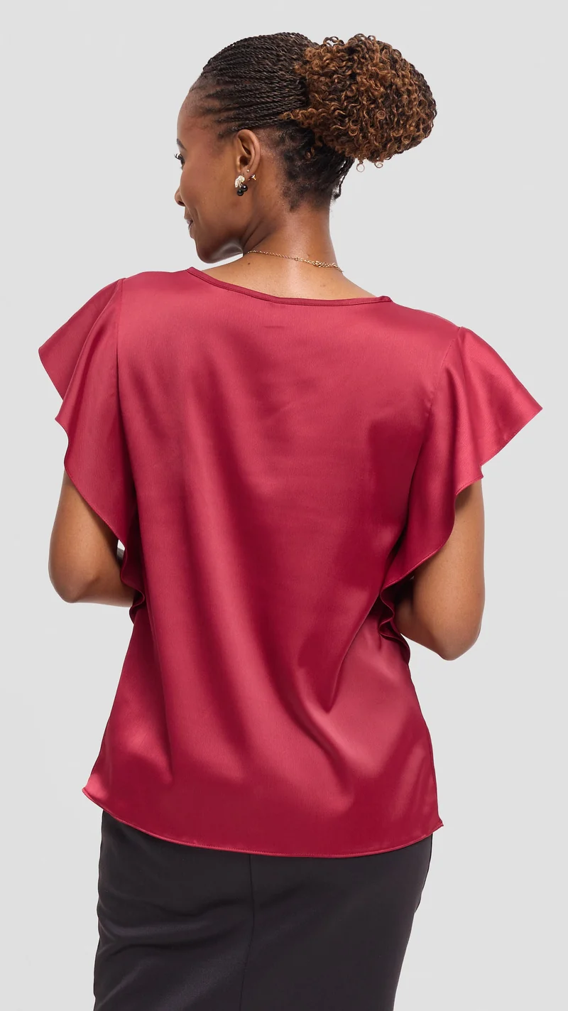 Vivo Ruffle Sleeve Top in Satin - Maroon