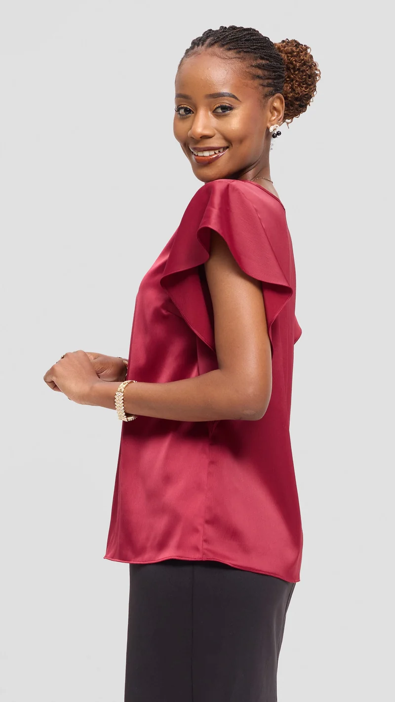 Vivo Ruffle Sleeve Top in Satin - Maroon