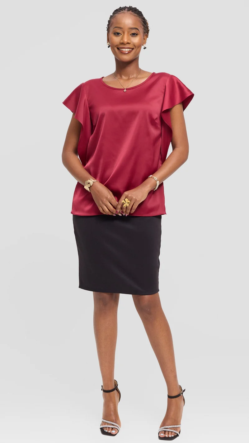 Vivo Ruffle Sleeve Top in Satin - Maroon