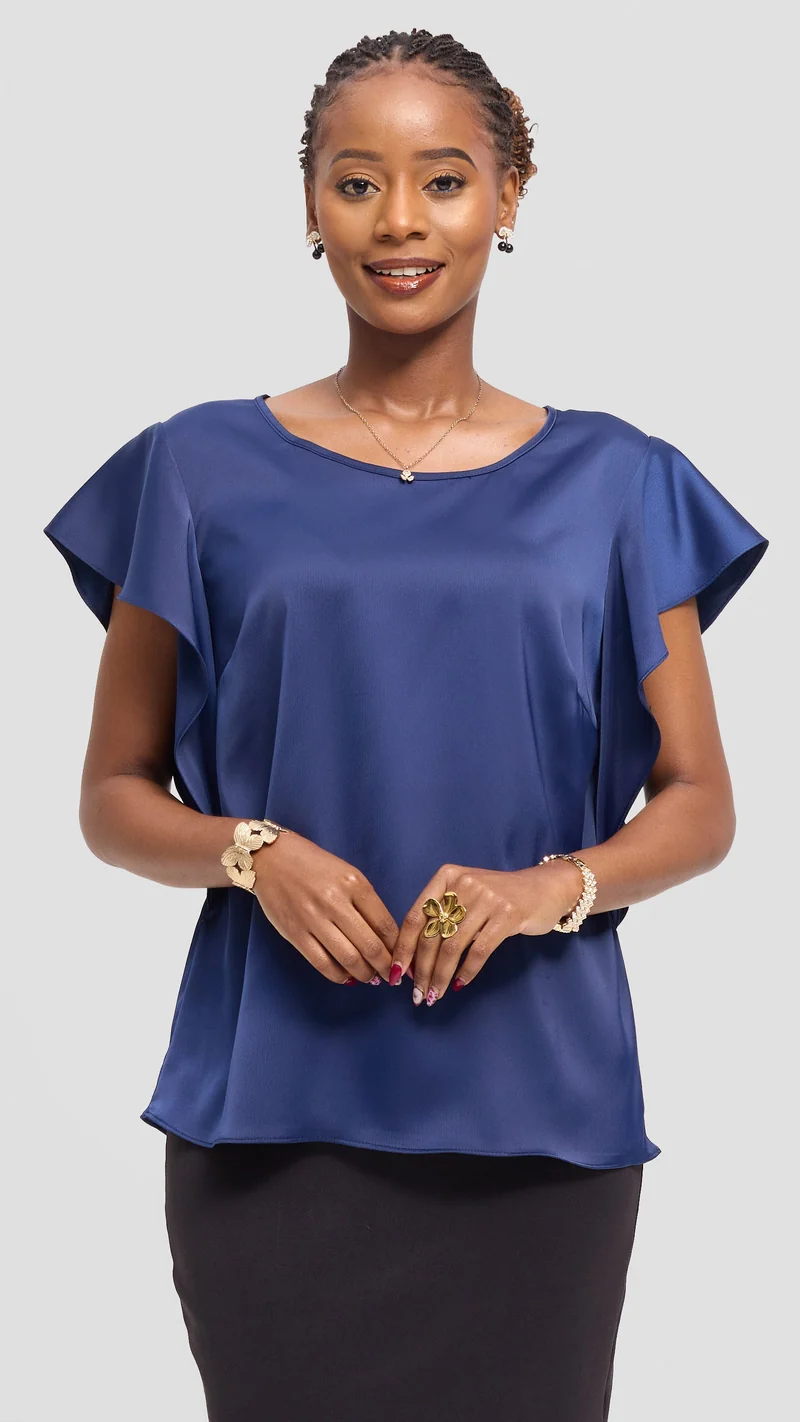 Vivo Ruffle Sleeve Top in Satin - Navy Blue