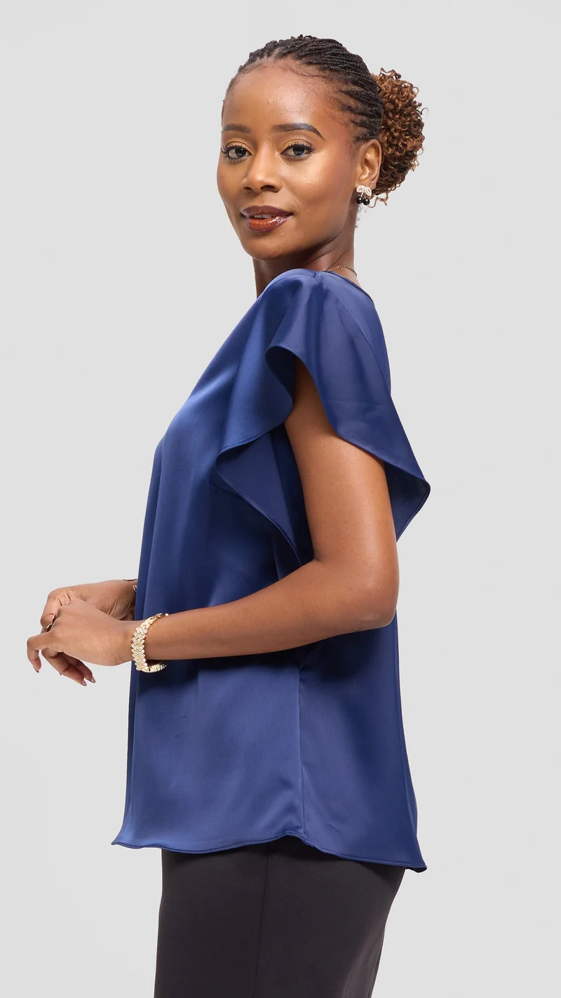 Vivo Ruffle Sleeve Top in Satin - Navy Blue