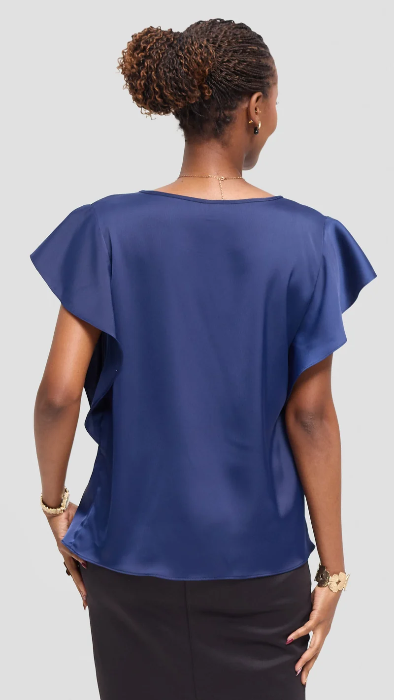Vivo Ruffle Sleeve Top in Satin - Navy Blue