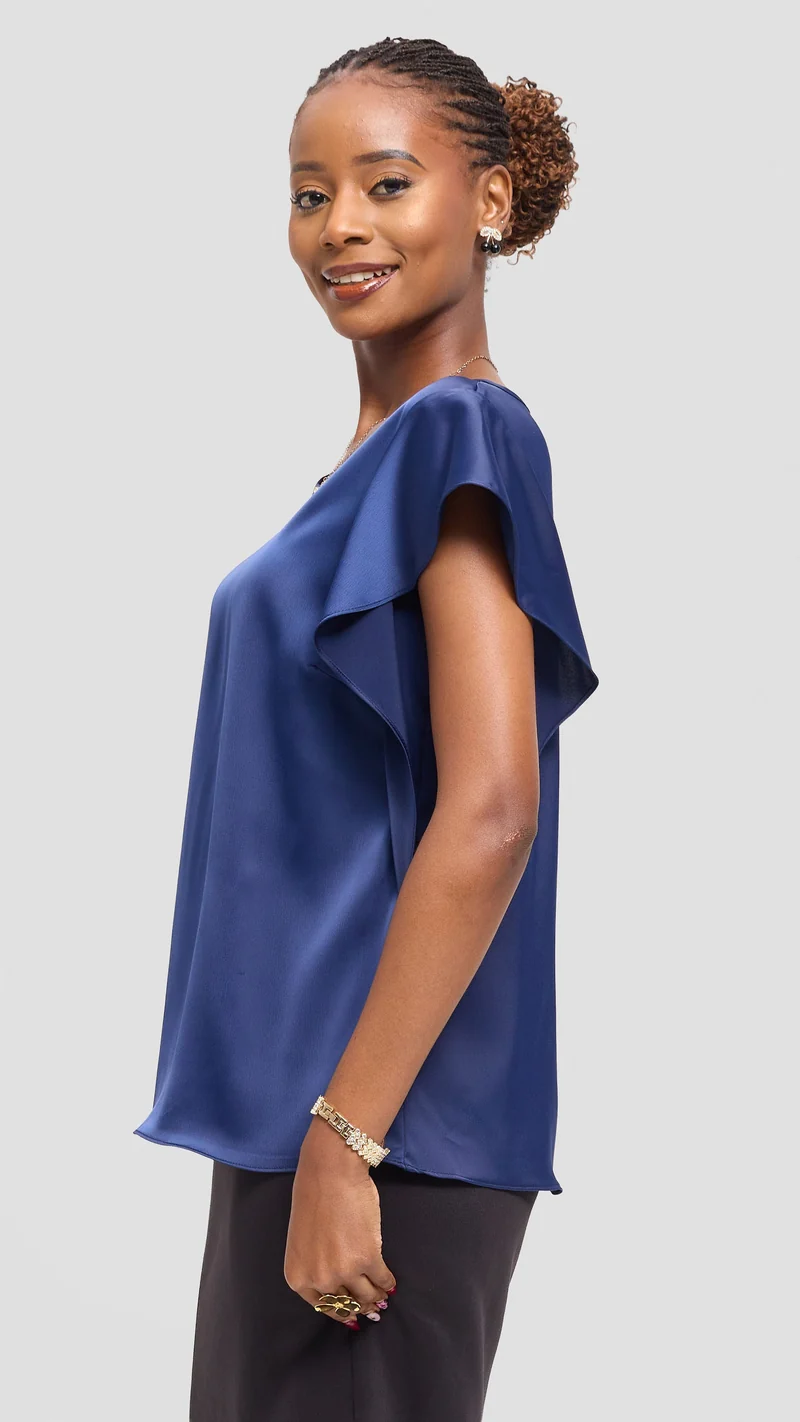 Vivo Ruffle Sleeve Top in Satin - Navy Blue