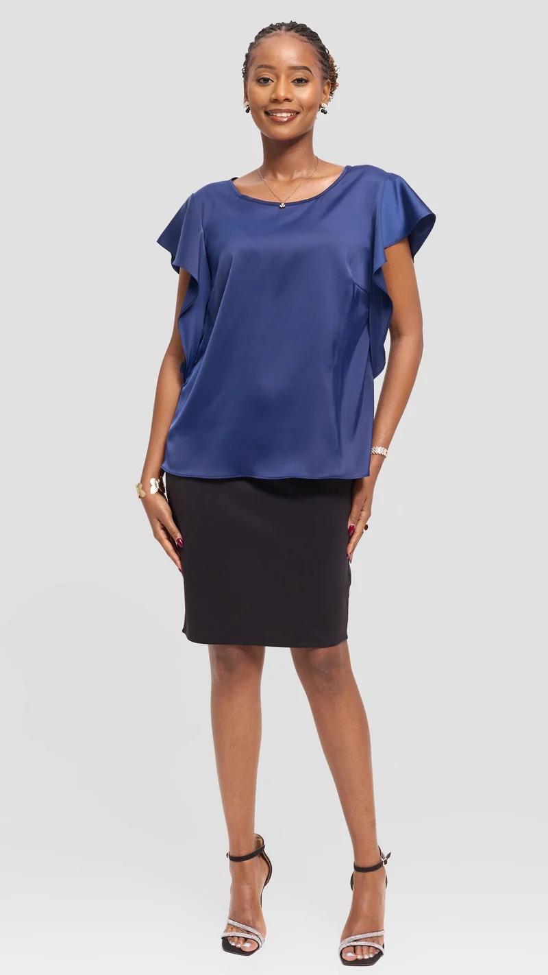 Vivo Ruffle Sleeve Top in Satin - Navy Blue