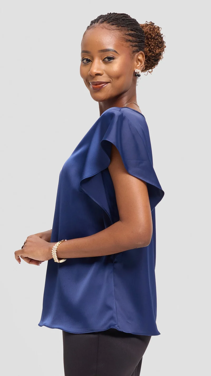 Vivo Ruffle Sleeve Top in Satin - Navy Blue