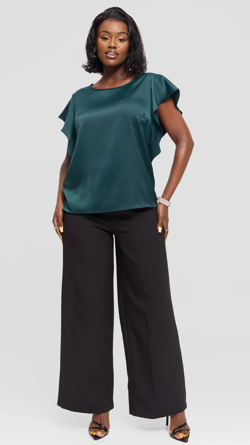Vivo Ruffle Sleeve Top in Satin - Dark Green
