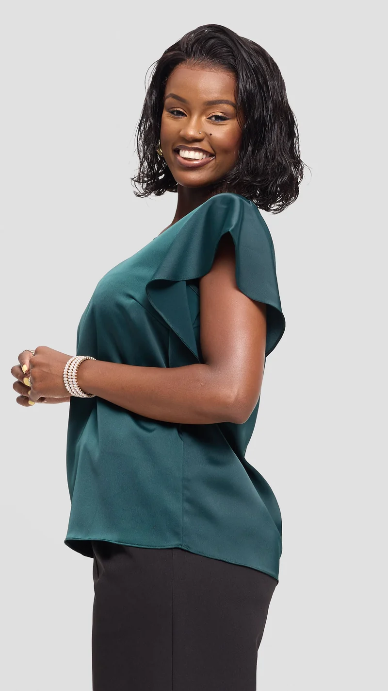Vivo Ruffle Sleeve Top in Satin - Dark Green