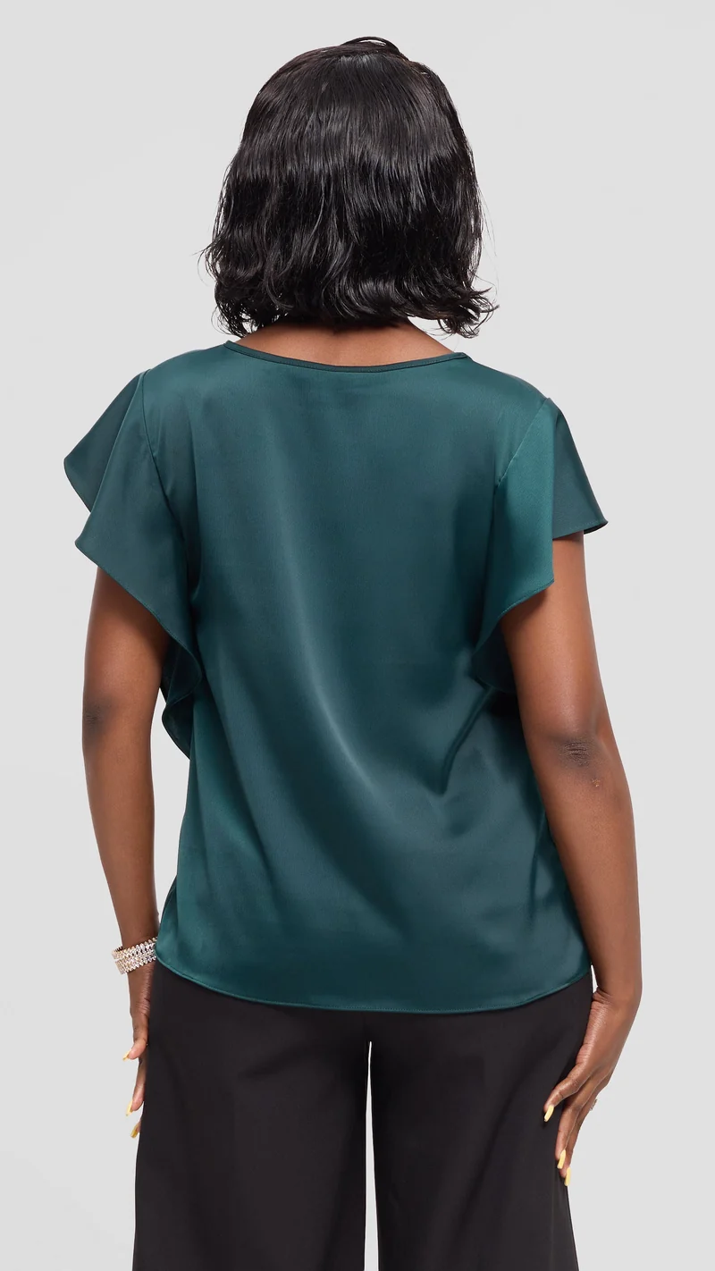Vivo Ruffle Sleeve Top in Satin - Dark Green