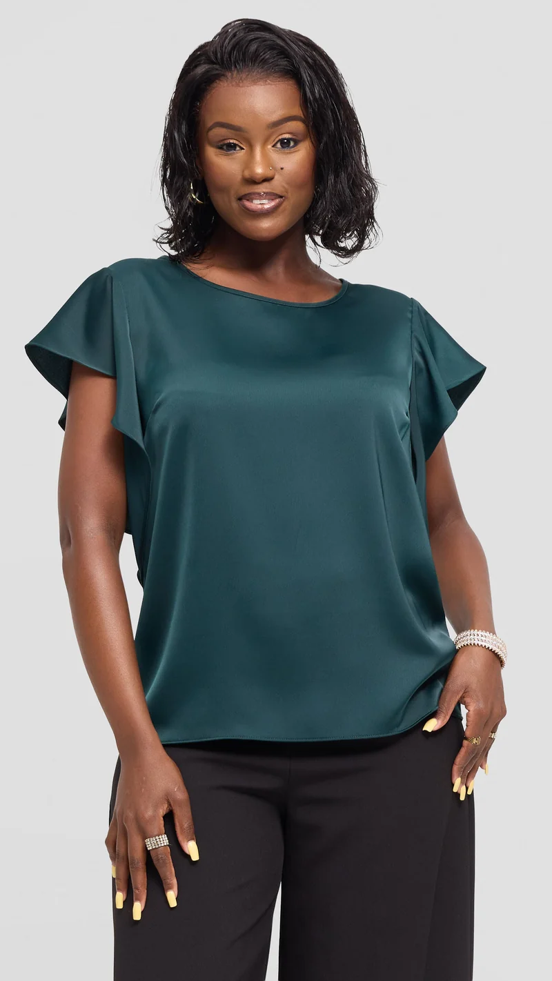 Vivo Ruffle Sleeve Top in Satin - Dark Green