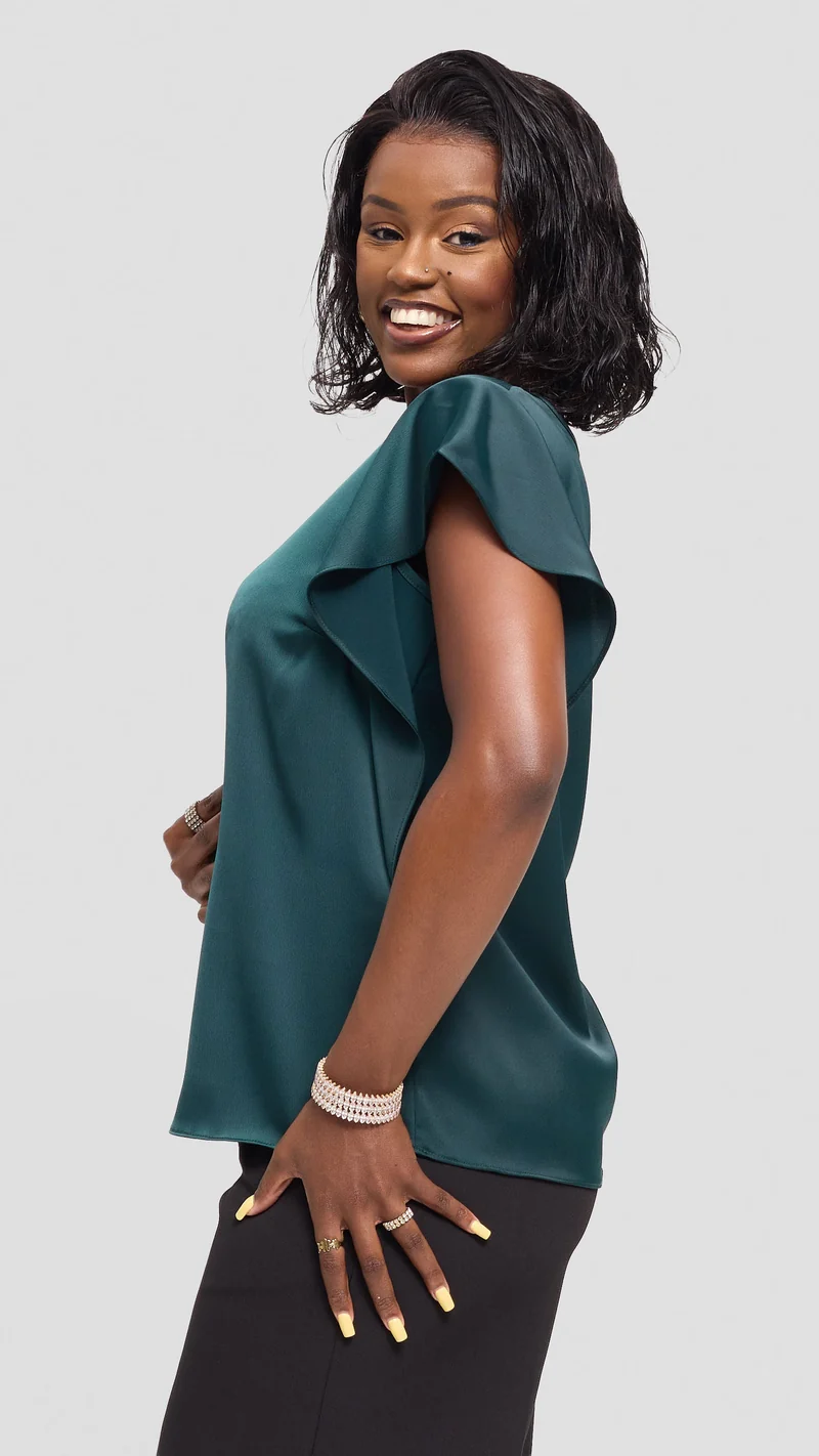 Vivo Ruffle Sleeve Top in Satin - Dark Green