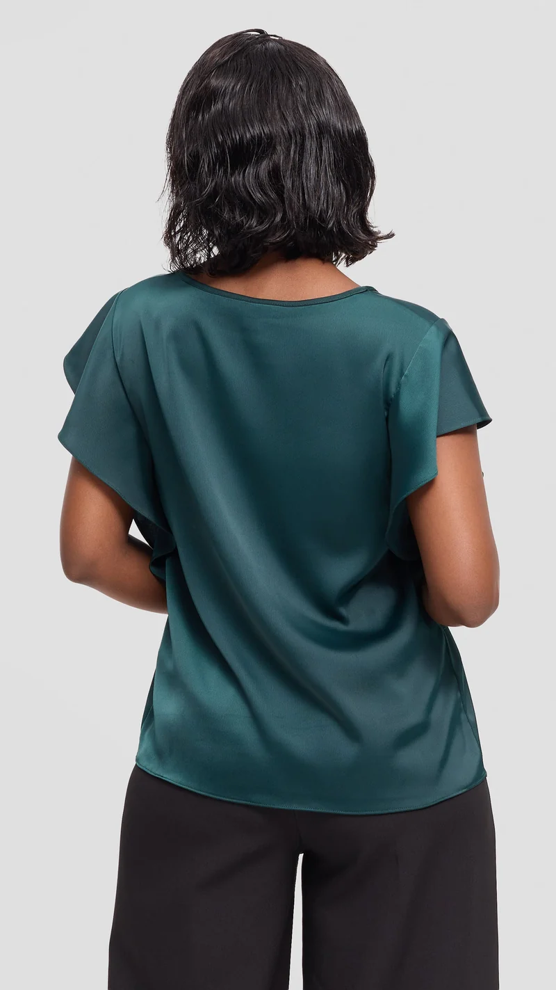 Vivo Ruffle Sleeve Top in Satin - Dark Green