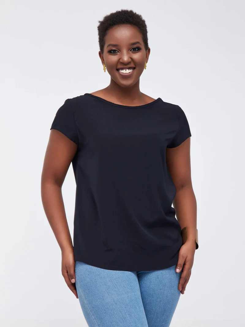 Vivo Basic Cap Sleeve Top in Crepe - Navy Blue