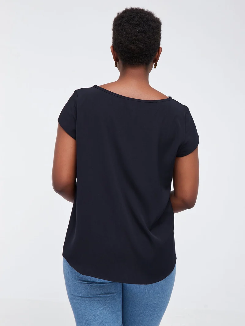 Vivo Basic Cap Sleeve Top in Crepe - Navy Blue