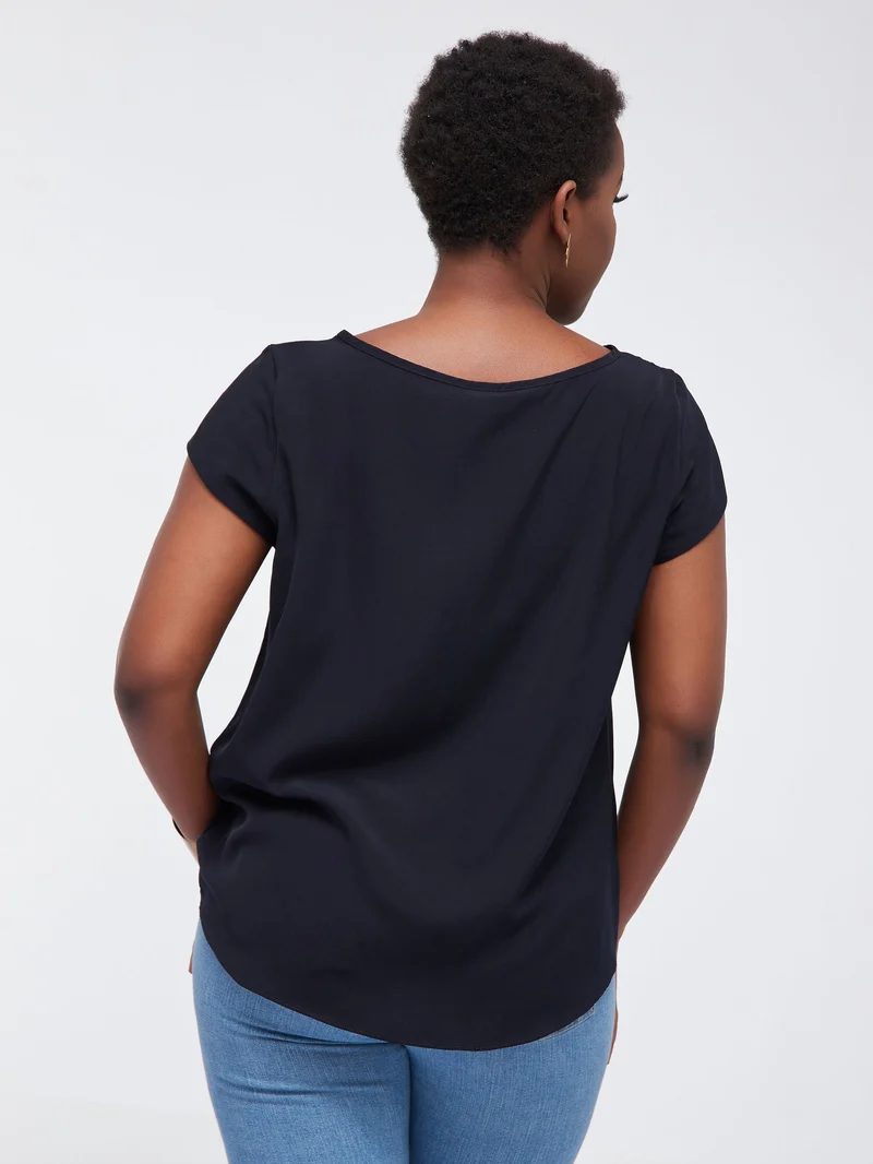 Vivo Basic Cap Sleeve Top in Crepe - Navy Blue