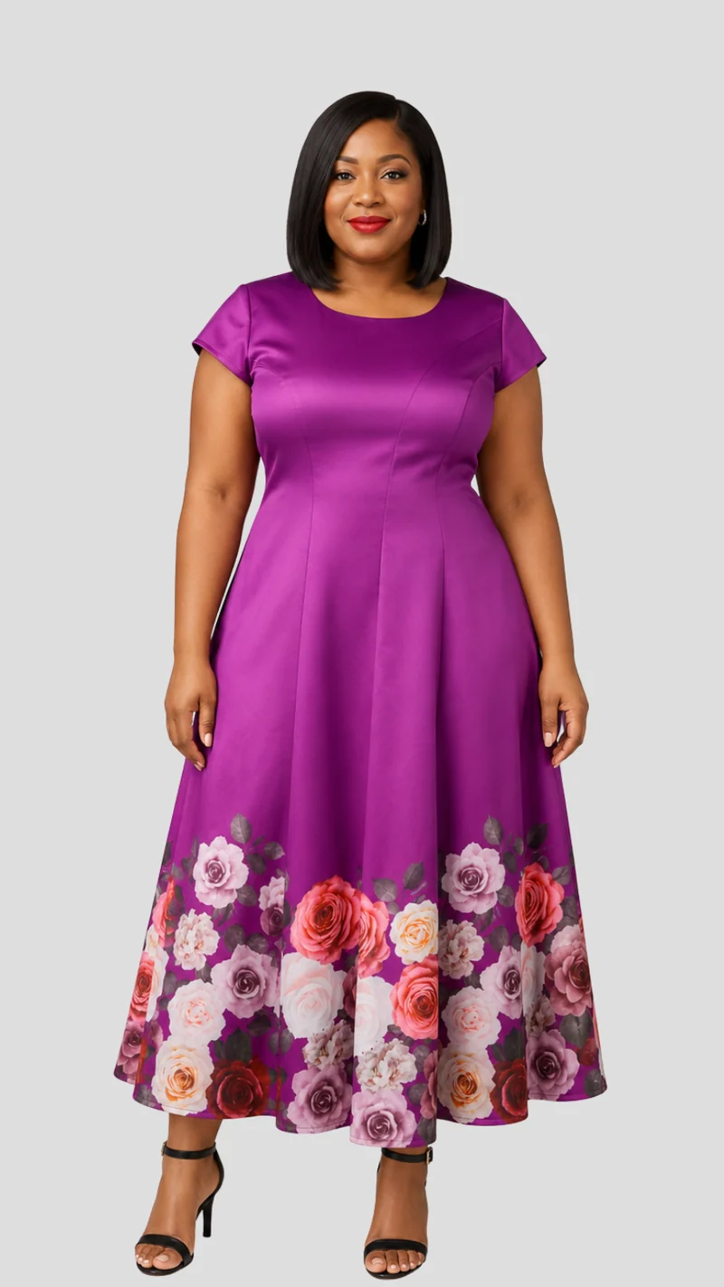 The Fashion Frenzy Novella Rose Midi Dress - Purple
