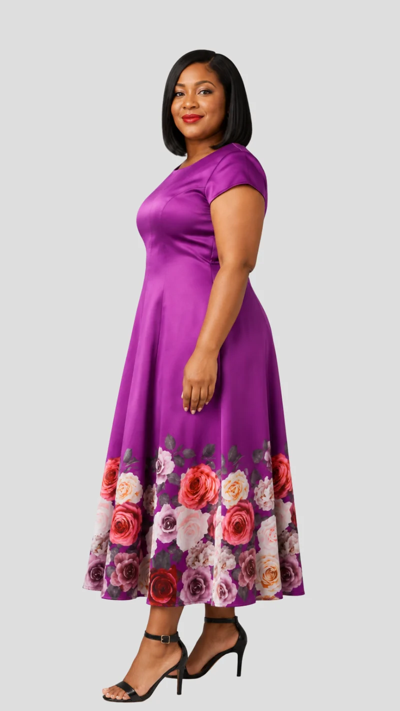 The Fashion Frenzy Novella Rose Midi Dress - Purple