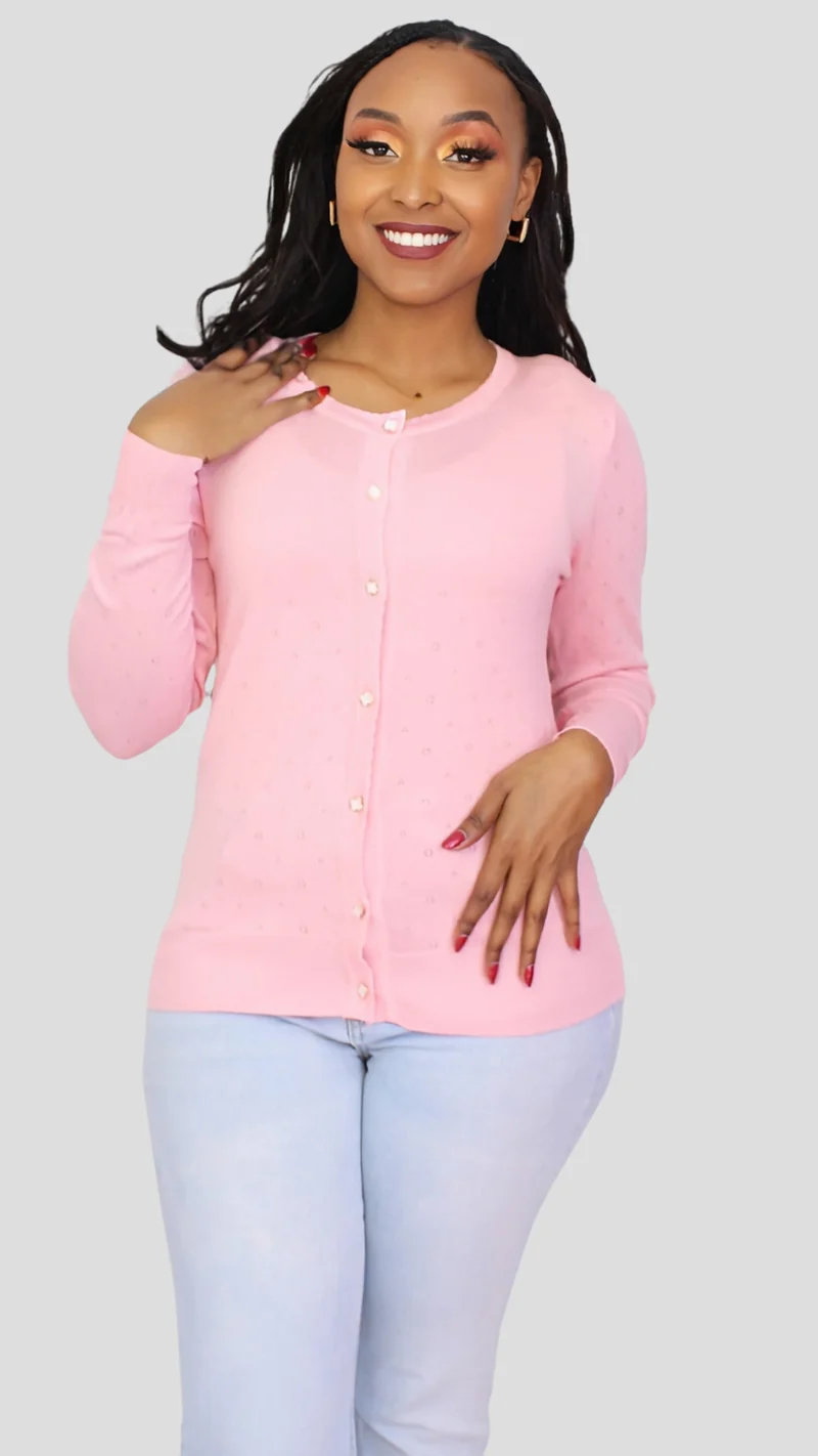 The Fashion Frenzy Pointelle Button Through Knit Cardigan – Baby Pink