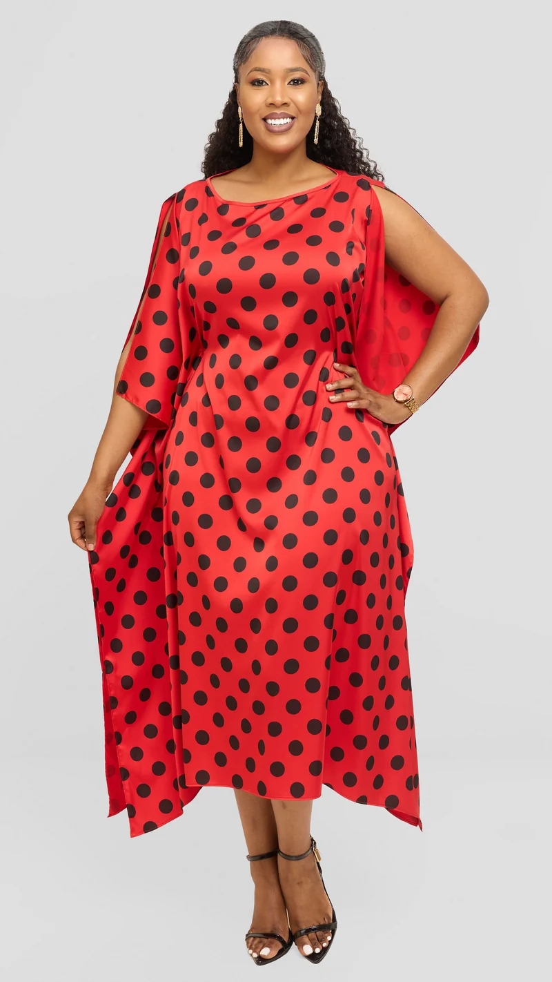 Vivo Maxi Kaftan in Satin - Red / Black Polka Print