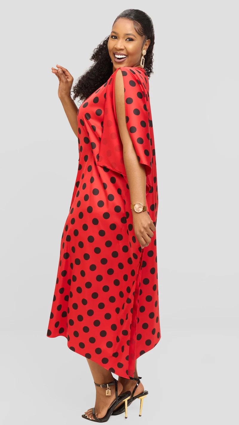 Vivo Maxi Kaftan in Satin - Red / Black Polka Print