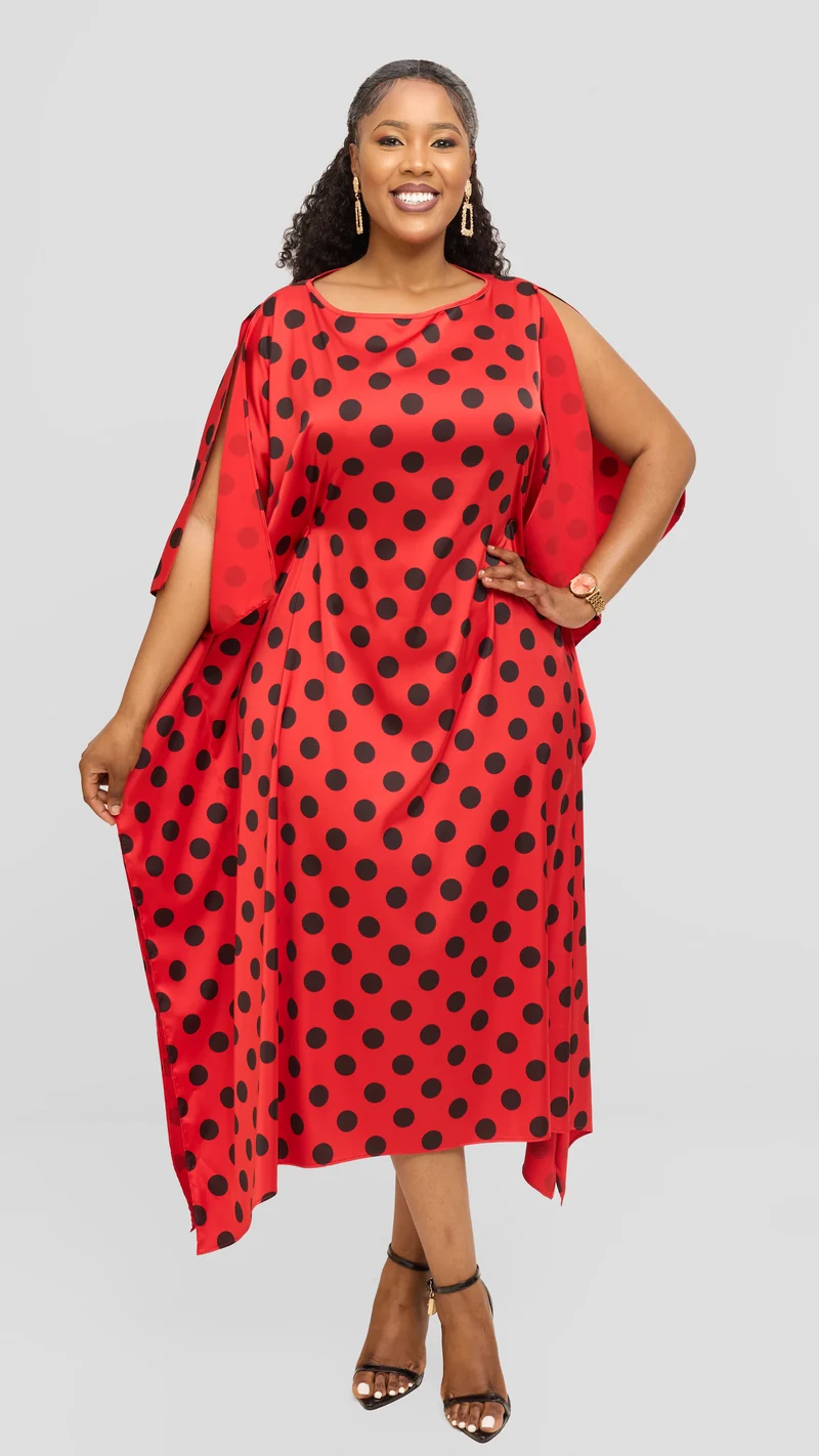 Vivo Maxi Kaftan in Satin - Red / Black Polka Print